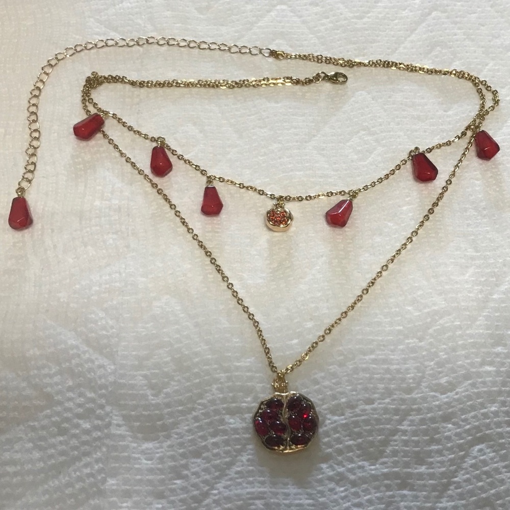 Persephone Greek Goddess Pomegranates and Seeds Handmade 2-Layer Gold Necklace - Picture 11 of 15